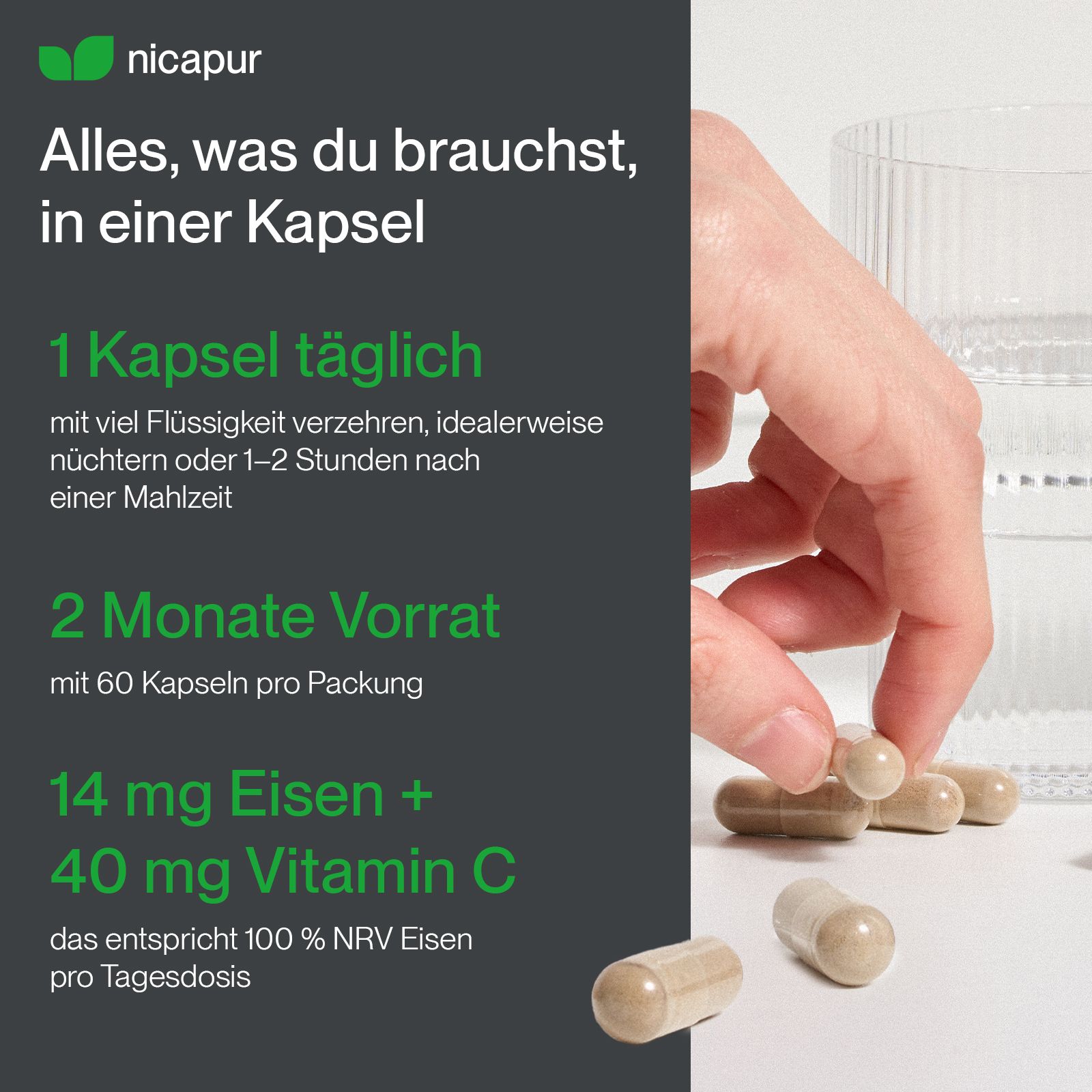 Hand pakt capsules uit een verpakking van 60 capsules, 14 mg ijzer + 40 mg vitamine C.