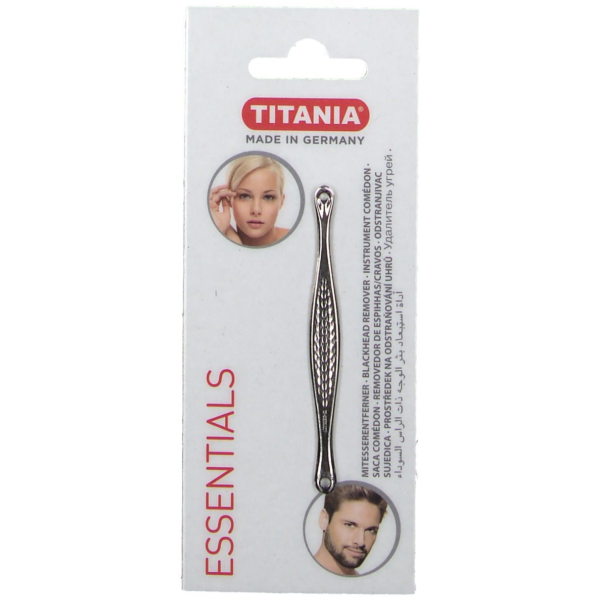 TITANIA® mee-eterverwijderaar op verpakking. Metalen instrument met lus en punt. Essentials logo.