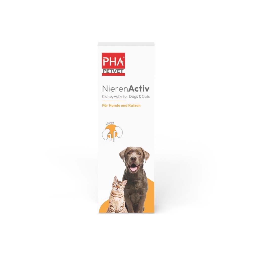Emballage de PHA NierenActiv pour chiens et chats avec image d'un chien et d'un chat.