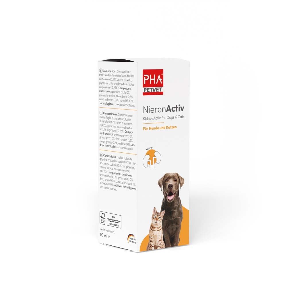 Vue latérale de l'emballage de PHA NierenActiv pour chiens et chats avec liste des ingrédients.