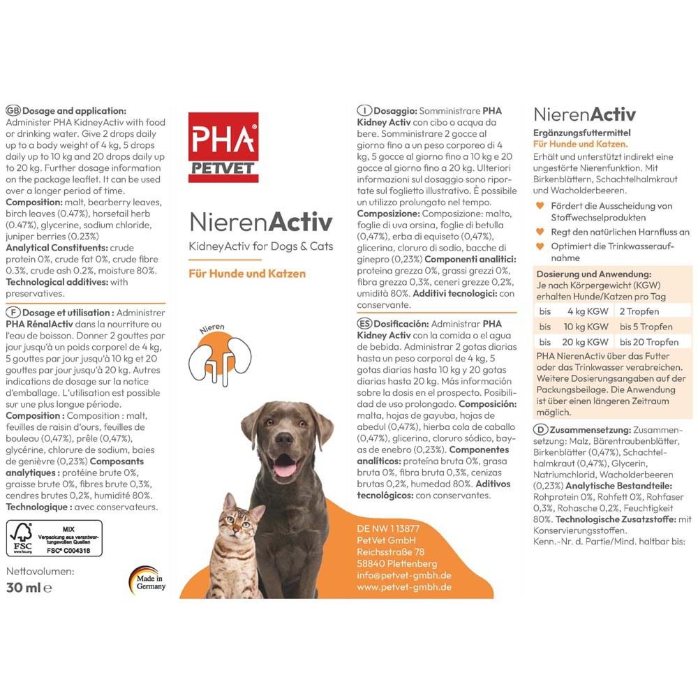 Emballage et flacon de PHA NierenActiv pour chiens et chats avec instructions de dosage.