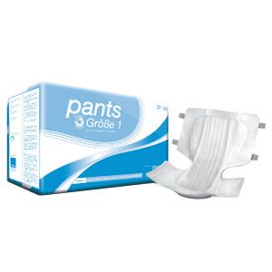 Verpakking incontinentiebroekjes, maat 1. Een broekje ernaast. Blauw-witte verpakking met productnaam.