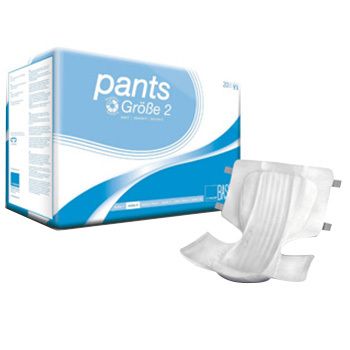 PARAM BASIS Pants Taille 2. Culotte d'incontinence blanche à côté de l'emballage. Emballage avec nom du produit et indication de taille.