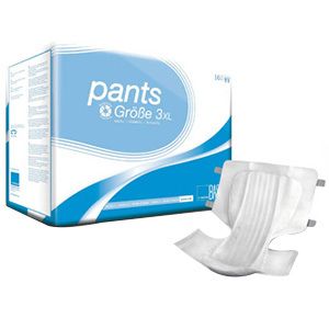 Pants, maat 3XL, verpakking van 16 stuks. Eén broekje ernaast. Blauw-witte verpakking met productnaam.