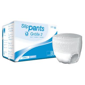 Witte Slip-Pants, maat 2, naast verpakking. Verpakking met productnaam en maat.