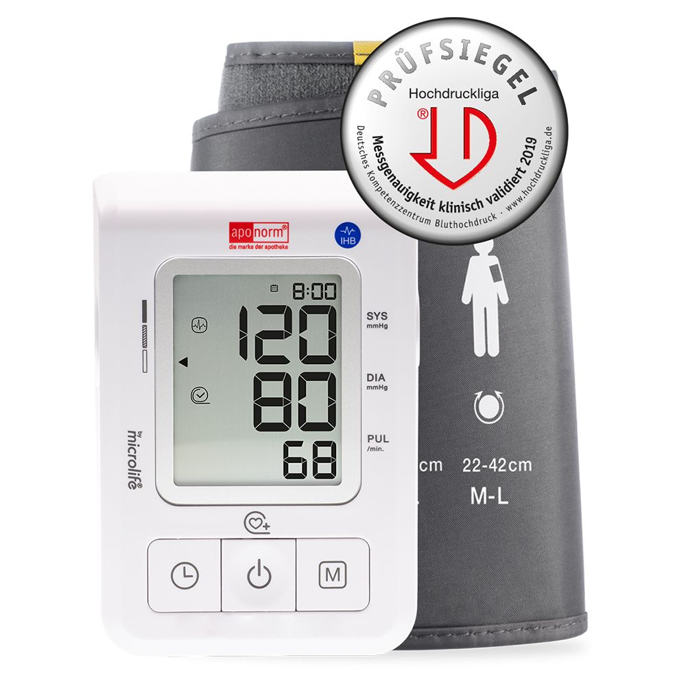 Bloeddrukmeter met manchet. Digitale display met meetwaarden. Keurmerk. Merk: aponorm, Microlife.