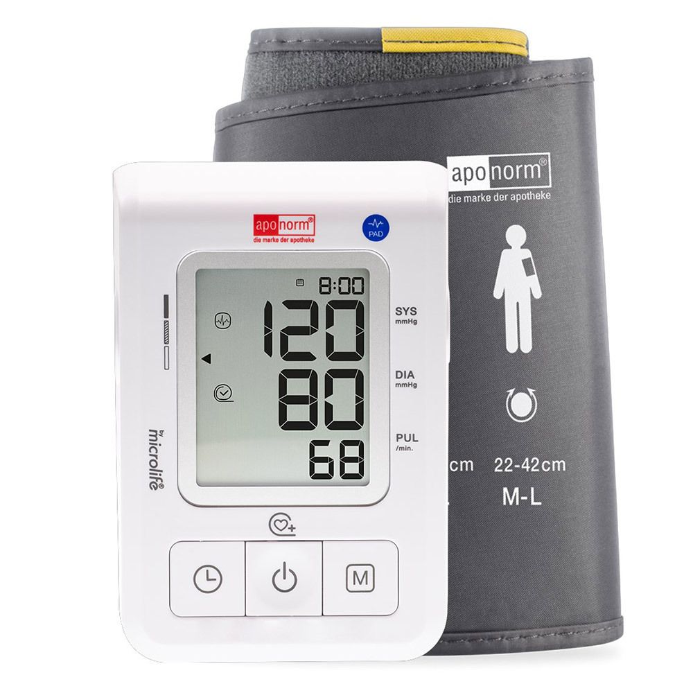 Bloeddrukmeter met manchet. Digitale display met meetwaarden. Merk: aponorm, Microlife.