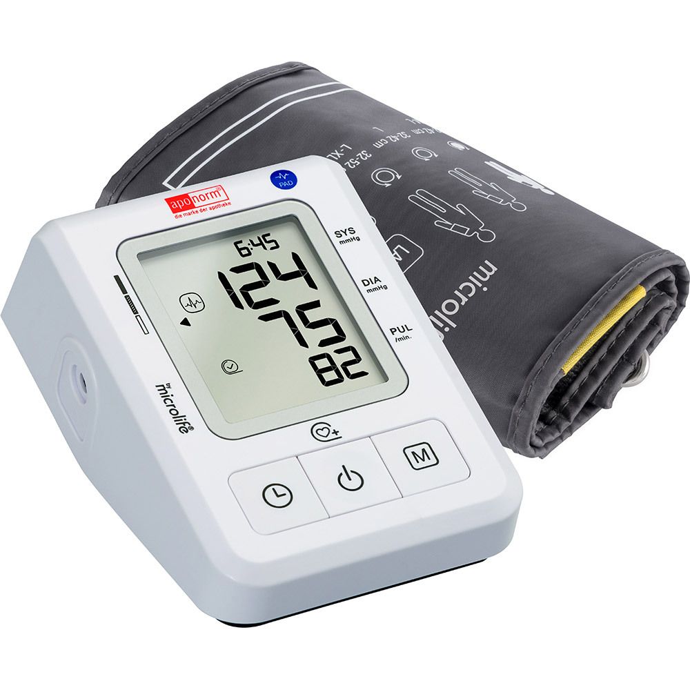 Bloeddrukmeter met manchet. Digitale display met meetwaarden. Merk: aponorm, Microlife.