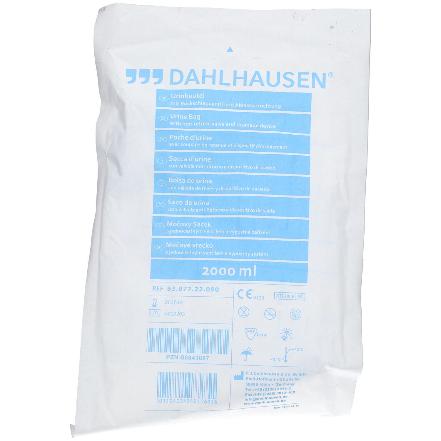 Urinezak in witte verpakking met blauw Dahlhausen logo en tekst. Capaciteit 2000 ml, barcode en CE-markering.