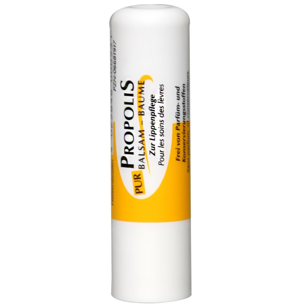 Baume à lèvres en étui blanc avec autocollant jaune. Inscription: PROPOLIS PUR, Balsam-Baume, Pour les soins des lèvres.