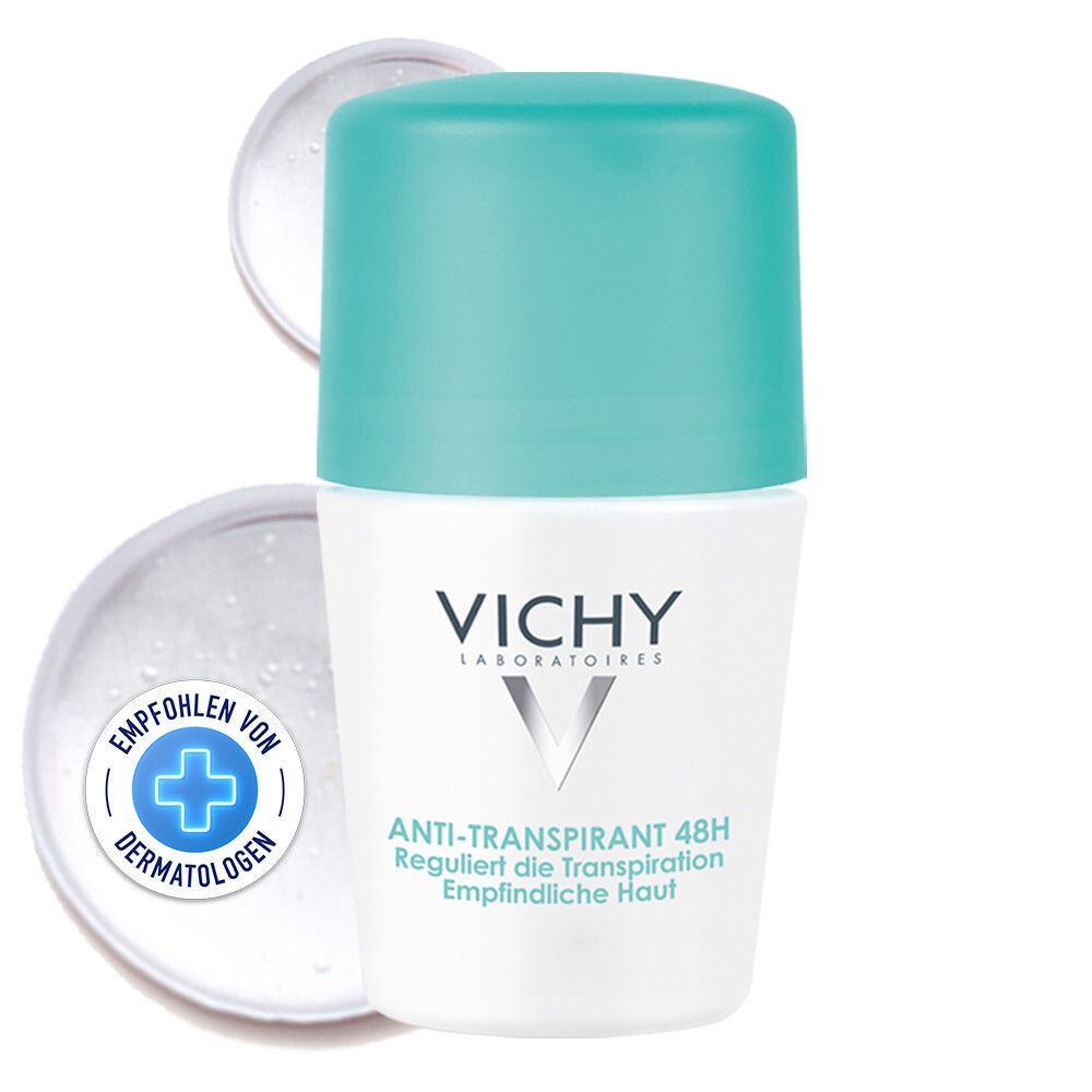 Vichy Anti-Transpirant 48H Roll-on avec bouchon turquoise. Recommandé par les dermatologues.