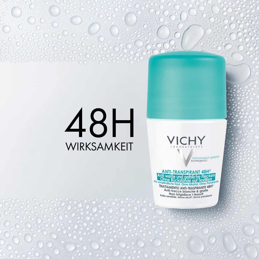 Déodorant roll-on Vichy Anti-Transpirant 48H avec bouchon turquoise.