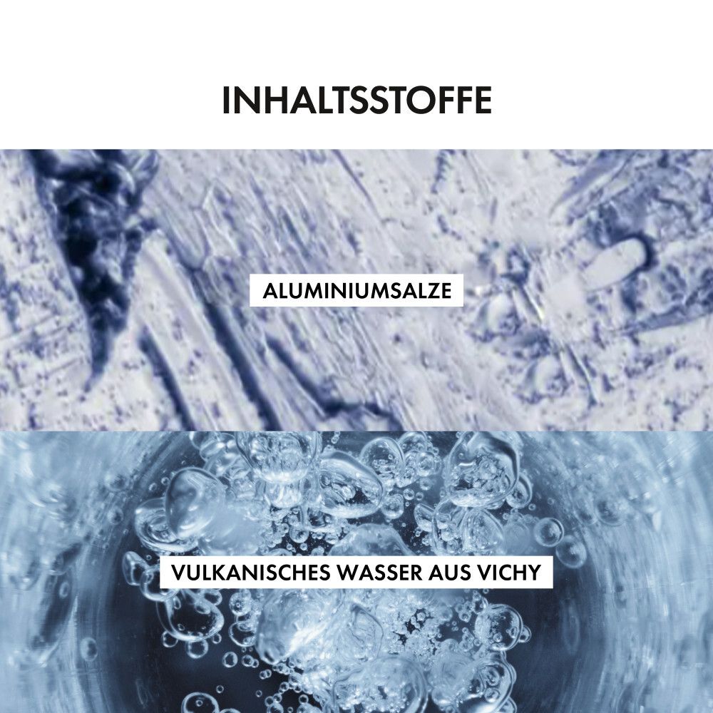 Deux images montrent des ingrédients : sels d'aluminium et eau volcanique de Vichy.