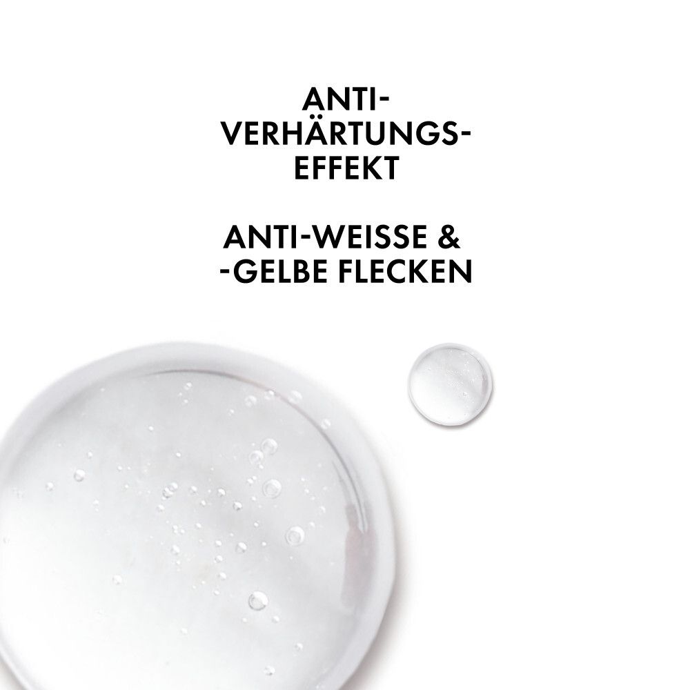 Goutte de gel transparente avec bulles d'air. Texte : Effet anti-durcissement, taches blanches et jaunes.