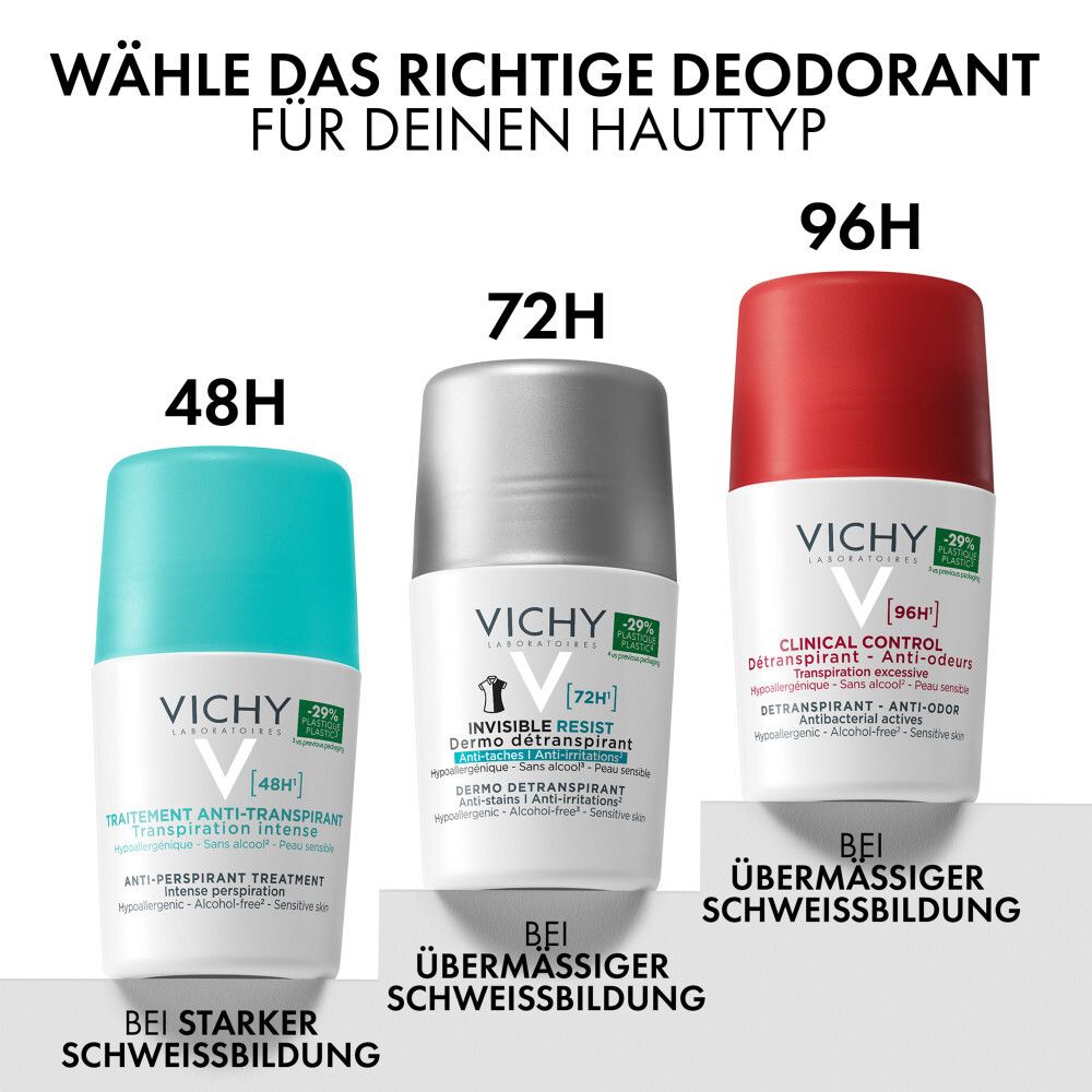 Trois déodorants roll-on Vichy : 48H, 72H et 96H. Bouchons bleu, argenté et rouge.