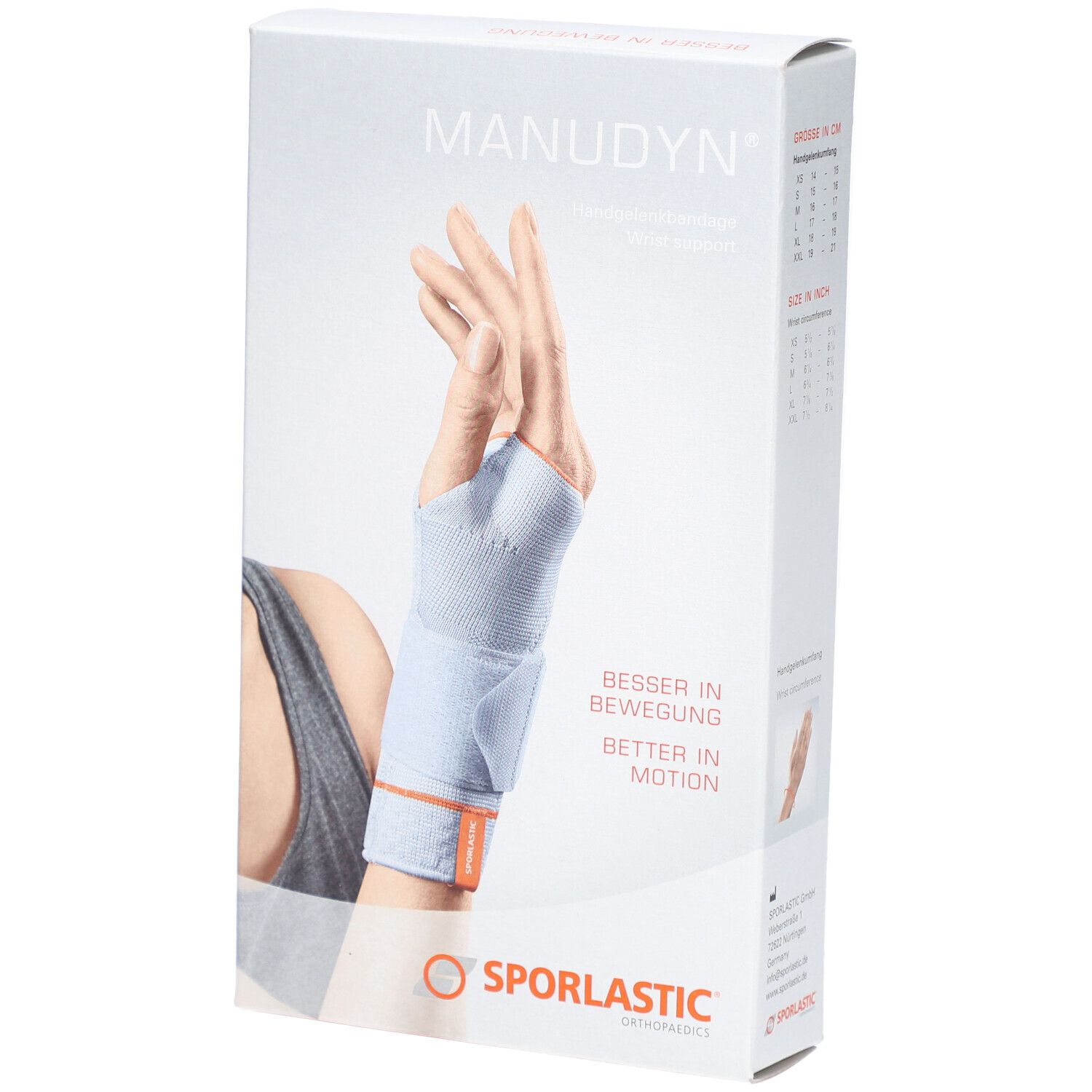 Verpakking van de MANUDYN® polsbrace. Opdruk: hand met brace, opschrift MANUDYN®, SPORLASTIC.