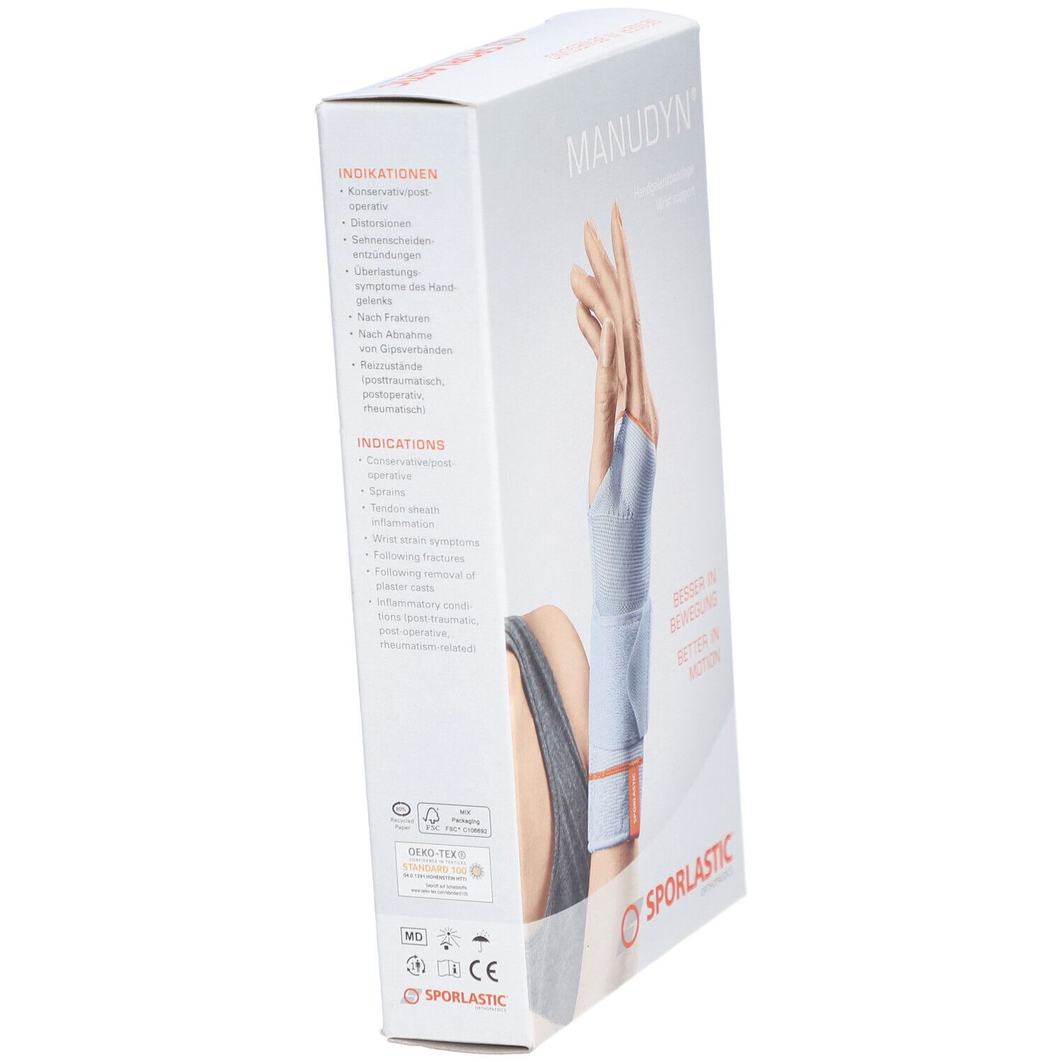 Verpakking van de MANUDYN® polsbrace. Opdruk: hand met brace, indicaties, opschrift MANUDYN®, SPORLASTIC.