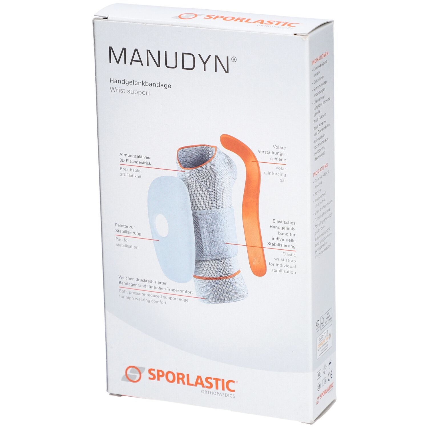 Verpakking van de MANUDYN® polsbrace. Illustratie van de brace, opschrift MANUDYN®, SPORLASTIC.