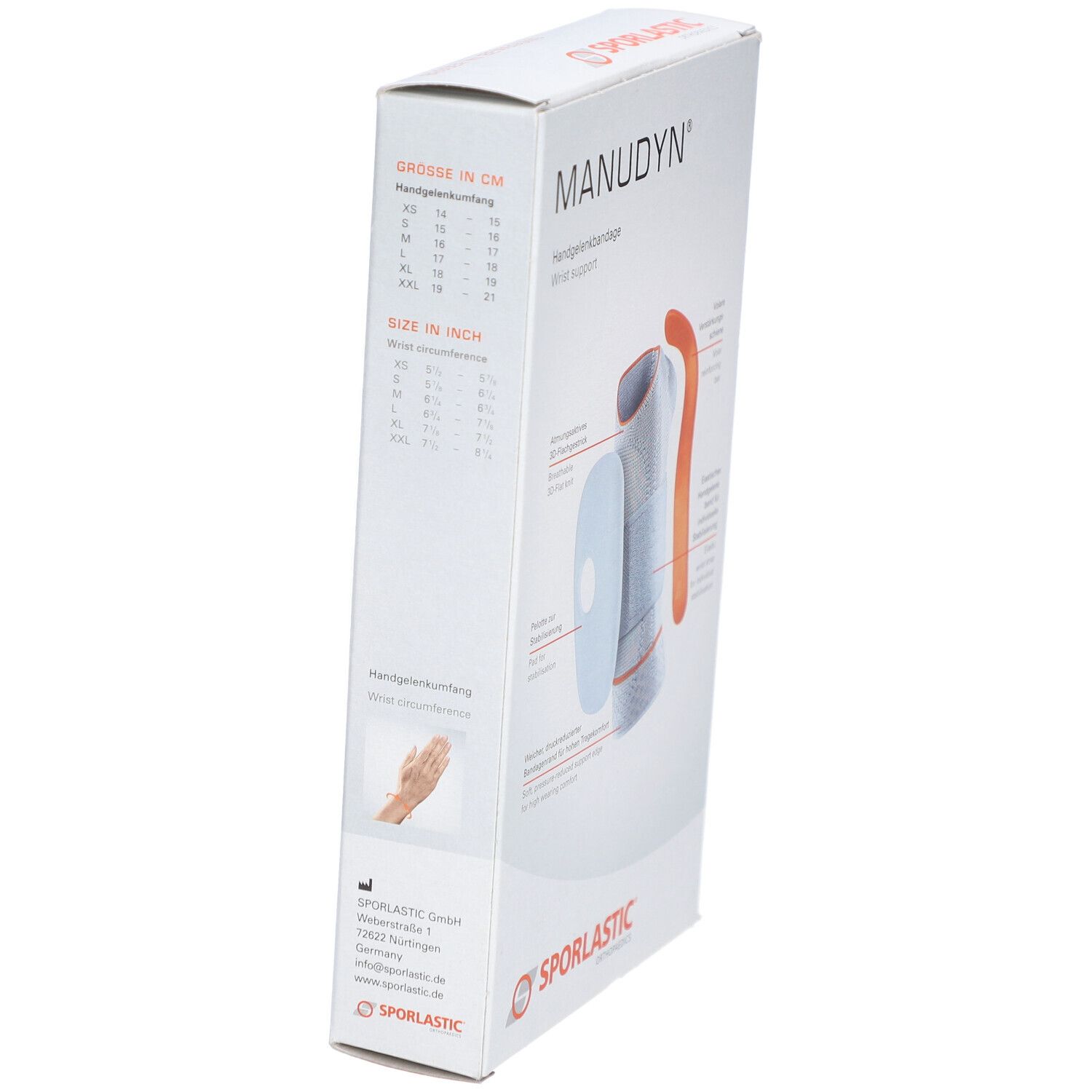 Verpakking van de MANUDYN® polsbrace. Maatvoering, opschrift MANUDYN®, SPORLASTIC.