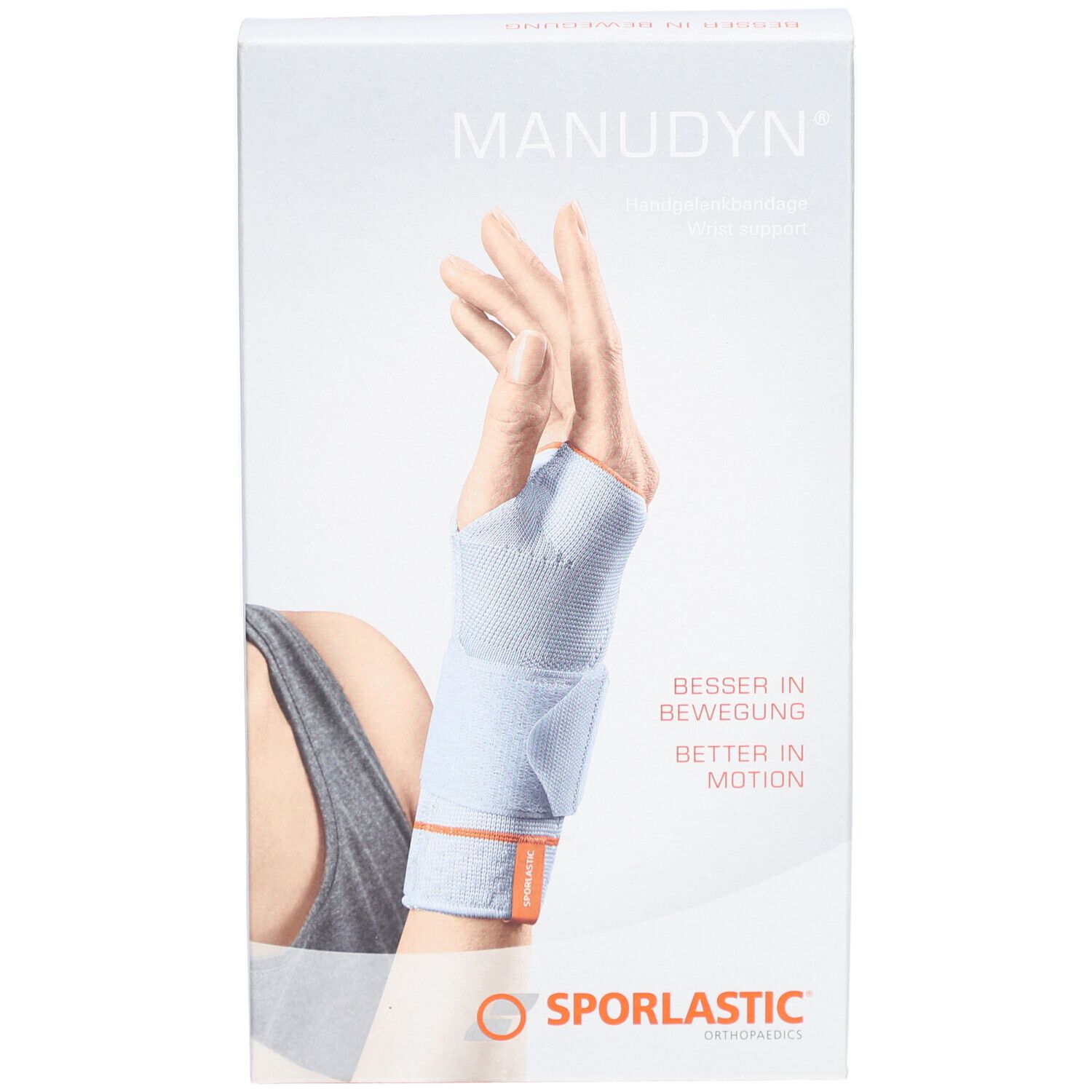Verpakking van de MANUDYN® polsbrace. Opdruk: hand met brace, opschrift MANUDYN®, SPORLASTIC.