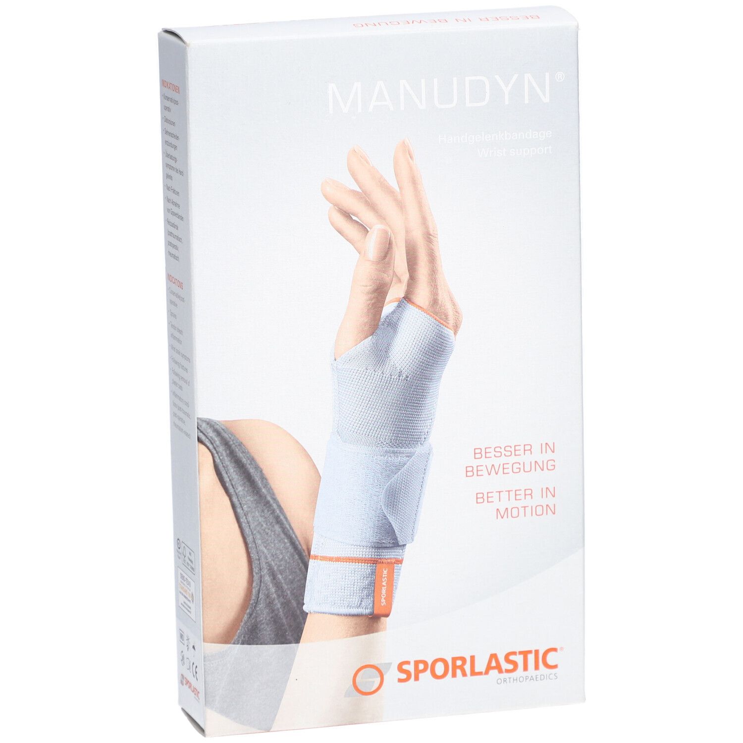 Verpakking van de MANUDYN® polsbrace. Opdruk: hand met brace, opschrift MANUDYN®, SPORLASTIC.