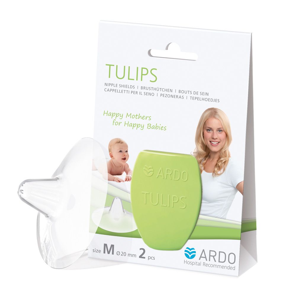 Transparante tepelhoed naast groene verpakking met productnaam TULIPS, maat M, 2 stuks. Vrouw en baby afgebeeld.