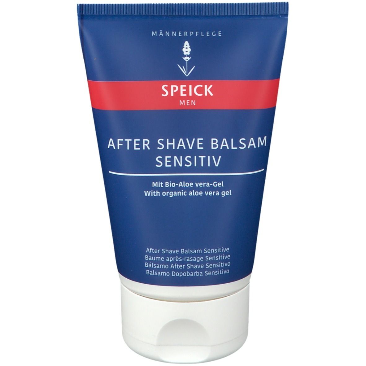 Tube bleue avec bande rouge. Inscription: SPEICK MEN, After Shave Balsam Sensitiv. Avec gel bio à l'aloe vera.