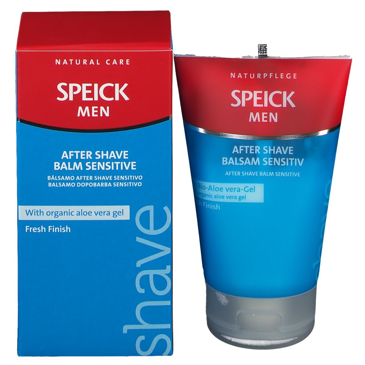 Emballage du produit avec tube et carton. Carton bleu-rouge. Inscription: SPEICK MEN, After Shave Balsam Sensitiv.
