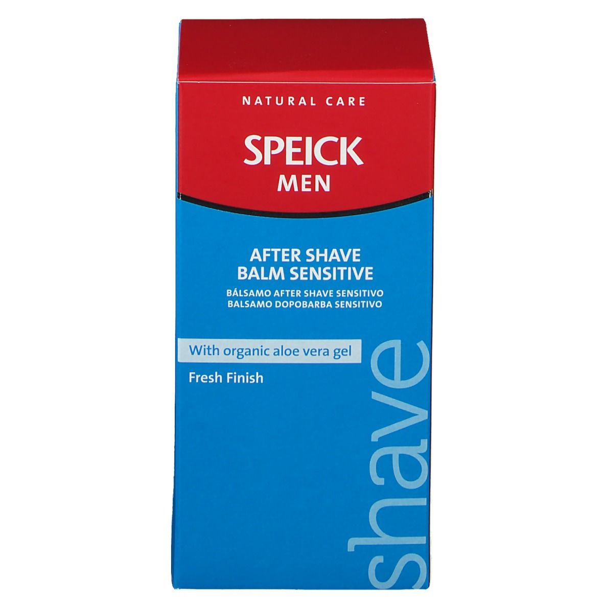 Boîte bleu-rouge. Inscription: SPEICK MEN, After Shave Balsam Sensitiv. Avec gel bio à l'aloe vera. Fresh Finish.