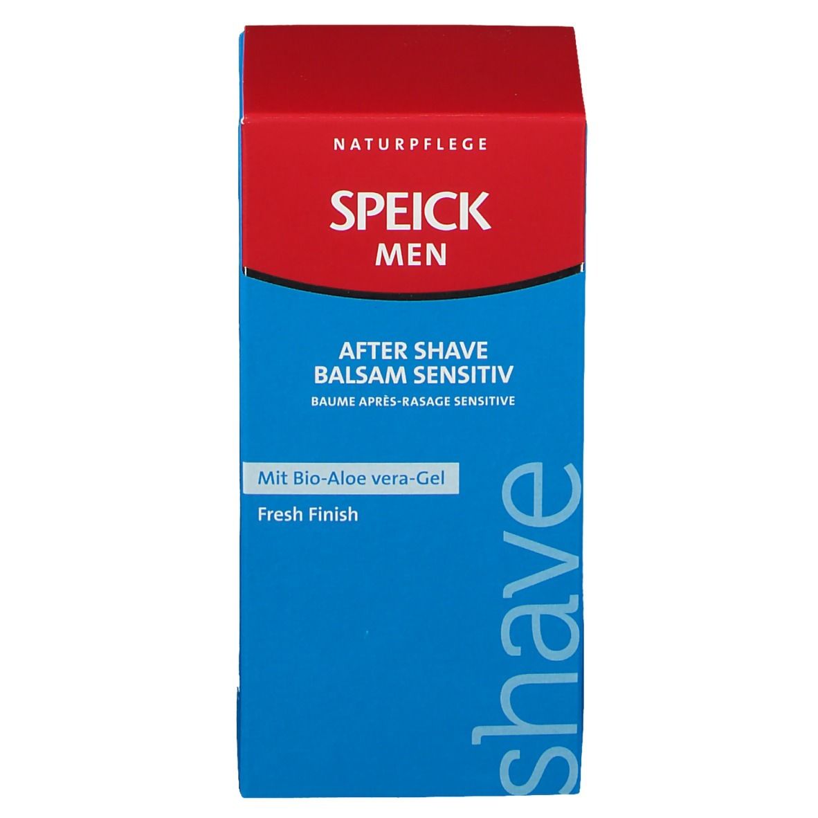 Boîte bleu-rouge. Inscription: SPEICK MEN, After Shave Balsam Sensitiv. Avec gel bio à l'aloe vera. Fresh Finish.