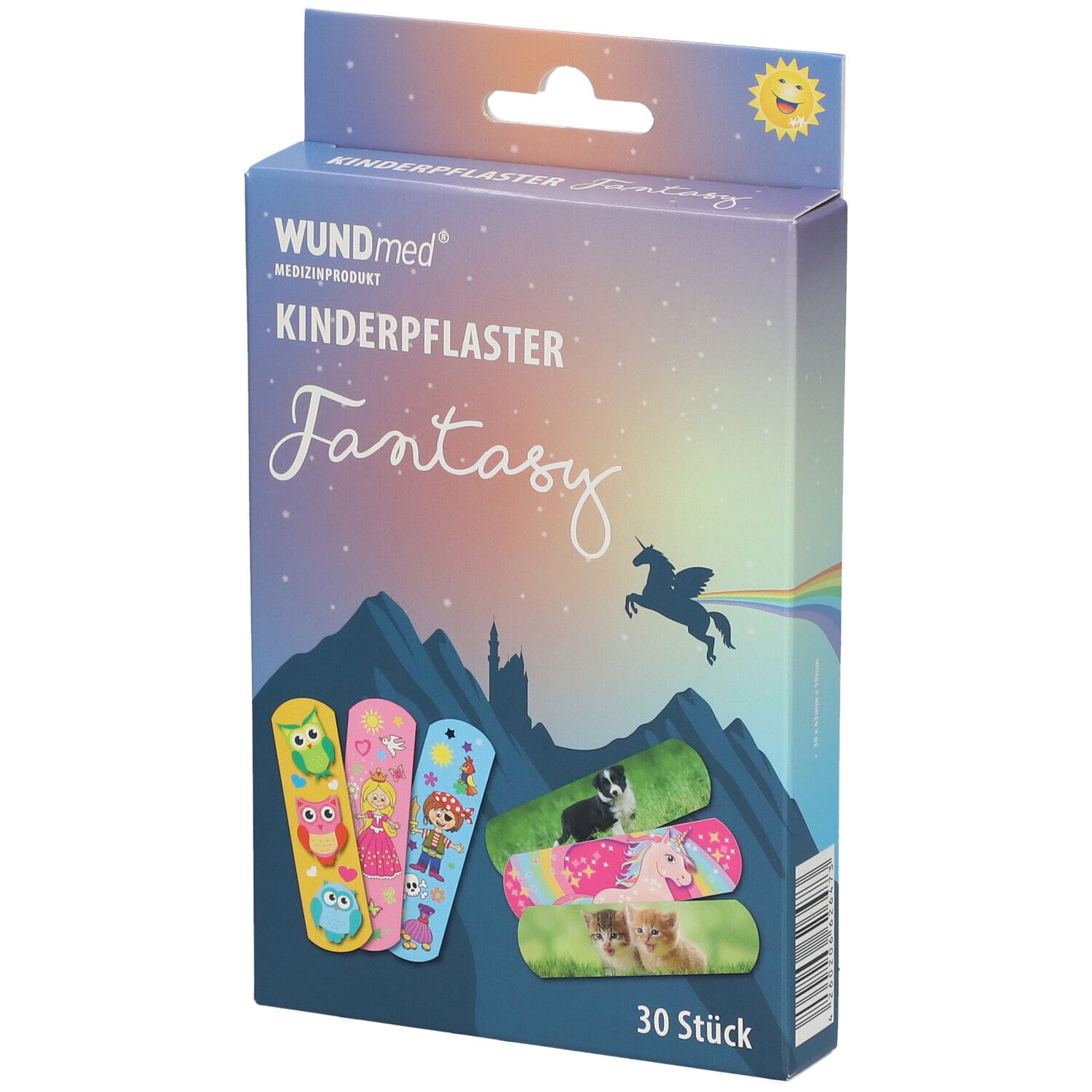 Verpakking WUNDmed kinderpleisters Fantasy, 30 stuks. Toont kleurrijke pleisters met uilen-, prinses- en dierenmotieven.