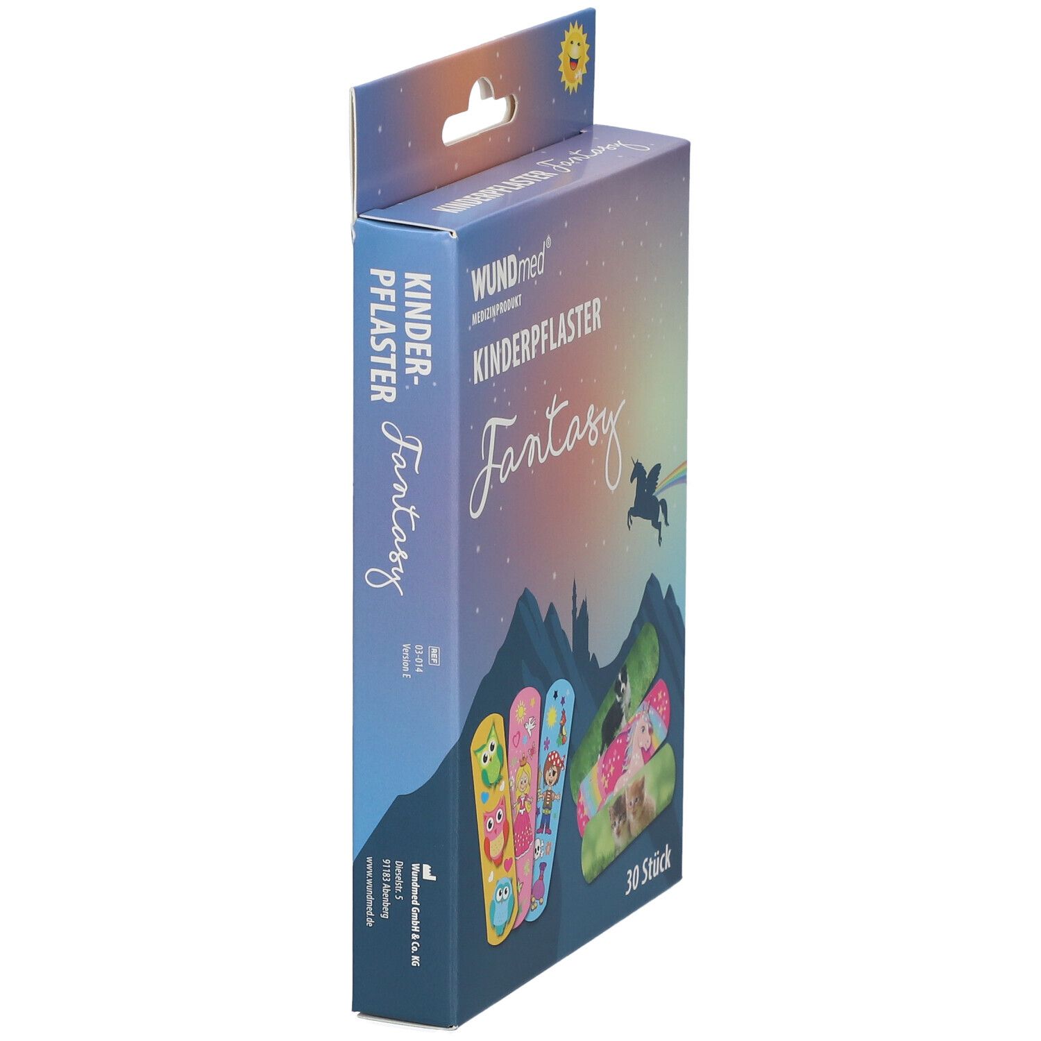 Zijaanzicht van de verpakking WUNDmed kinderpleisters Fantasy. Bevat 30 stuks met dierenmotieven.