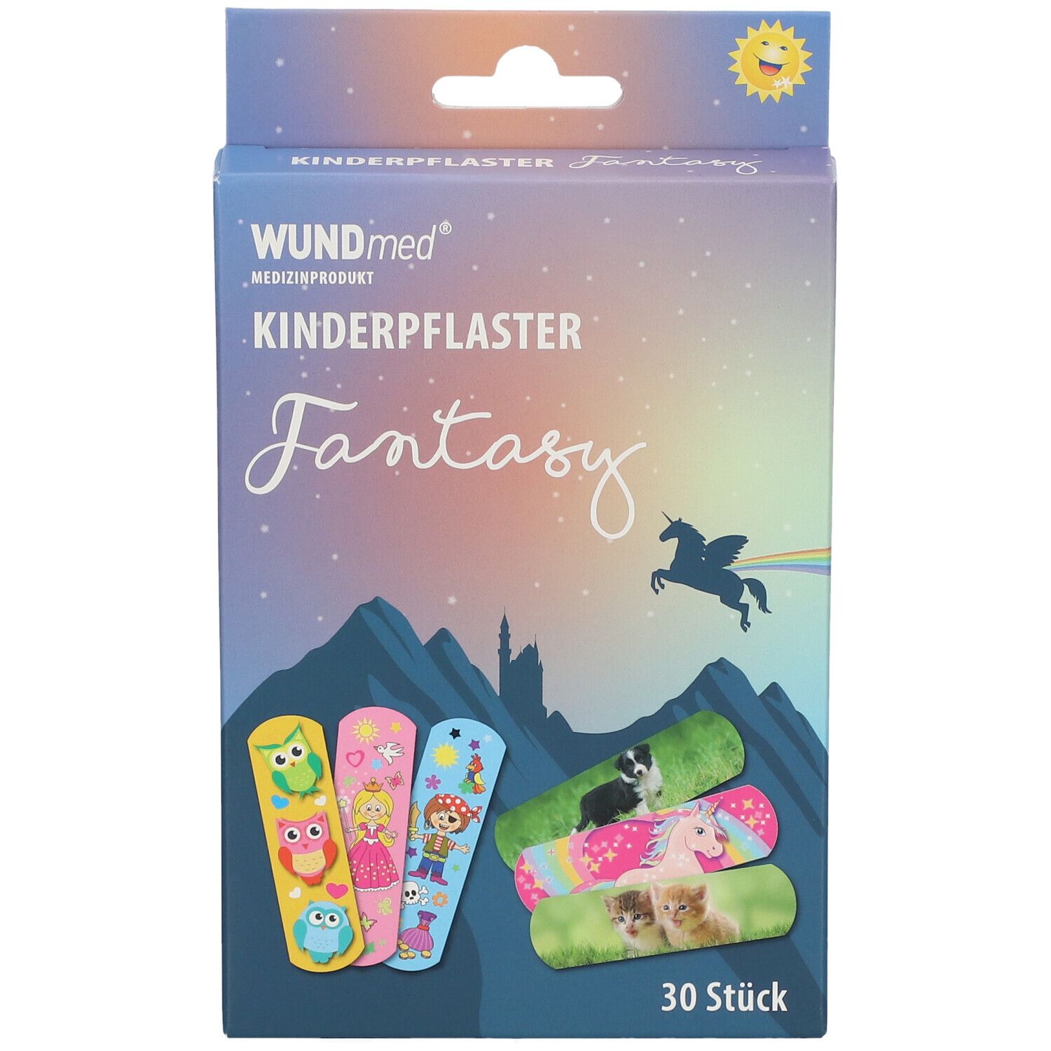 Voorkant van de verpakking WUNDmed kinderpleisters Fantasy. Toont kleurrijke pleisters met uilen-, prinses- en dierenmotieven.