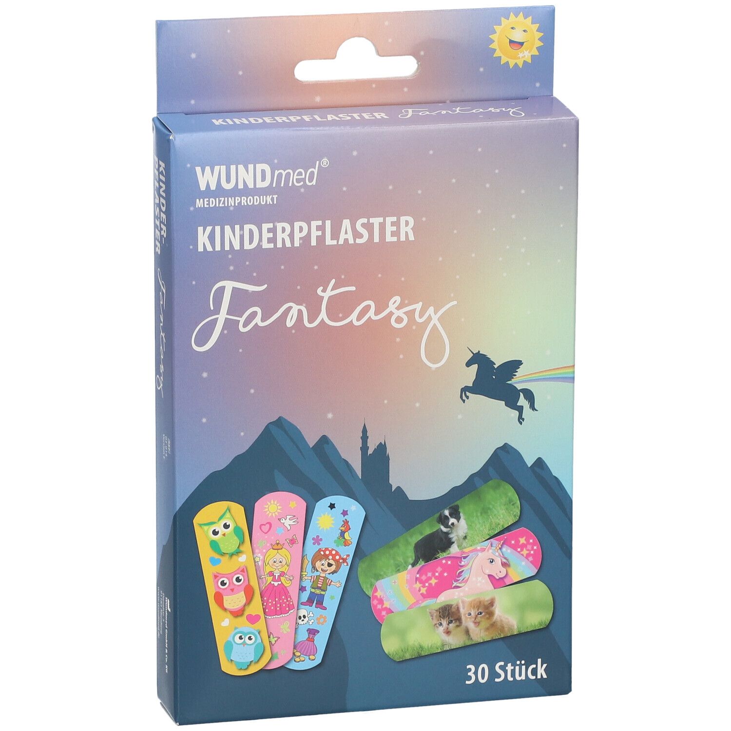 Verpakking WUNDmed kinderpleisters Fantasy. Bevat 30 stuks met fantasierijke dierenmotieven zoals eenhoorns en kittens.