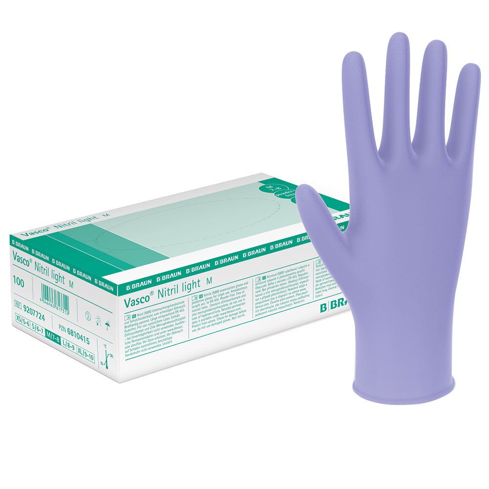 Nitril handschoen, maat M, lichtpaars. Verpakking met opschrift Vasco® Nitril light M en B. Braun logo. 100 stuks.
