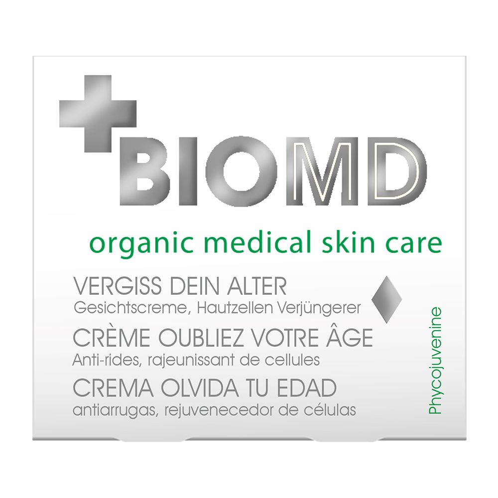 Emballage avec logo BIOMD et texte: Crème Vergiss dein Alter. Contient Phycovjuvenine.