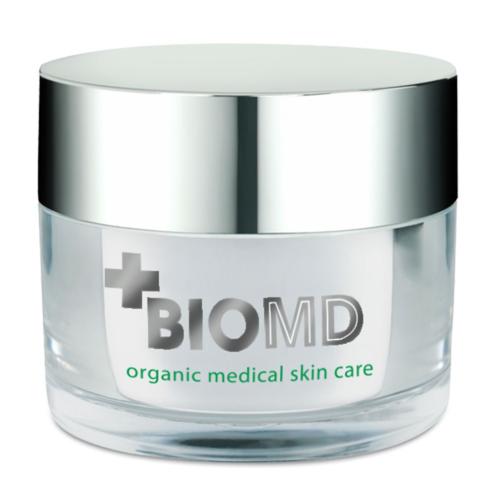 Pot de crème avec couvercle argenté. Logo BIOMD et texte: organic medical skin care.