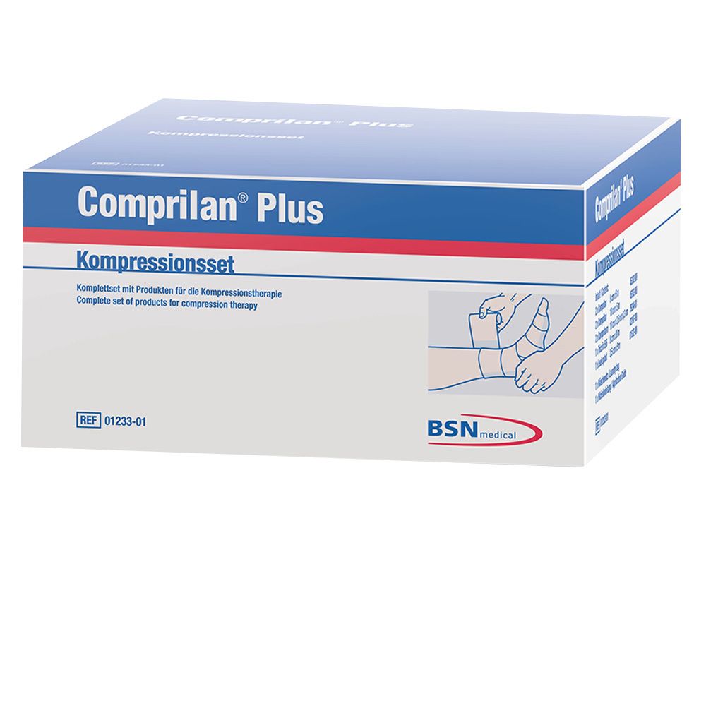 Boîte avec nom et logo du produit. Texte : Kompressionsset. Illustration : application. Marque : BSN medical.