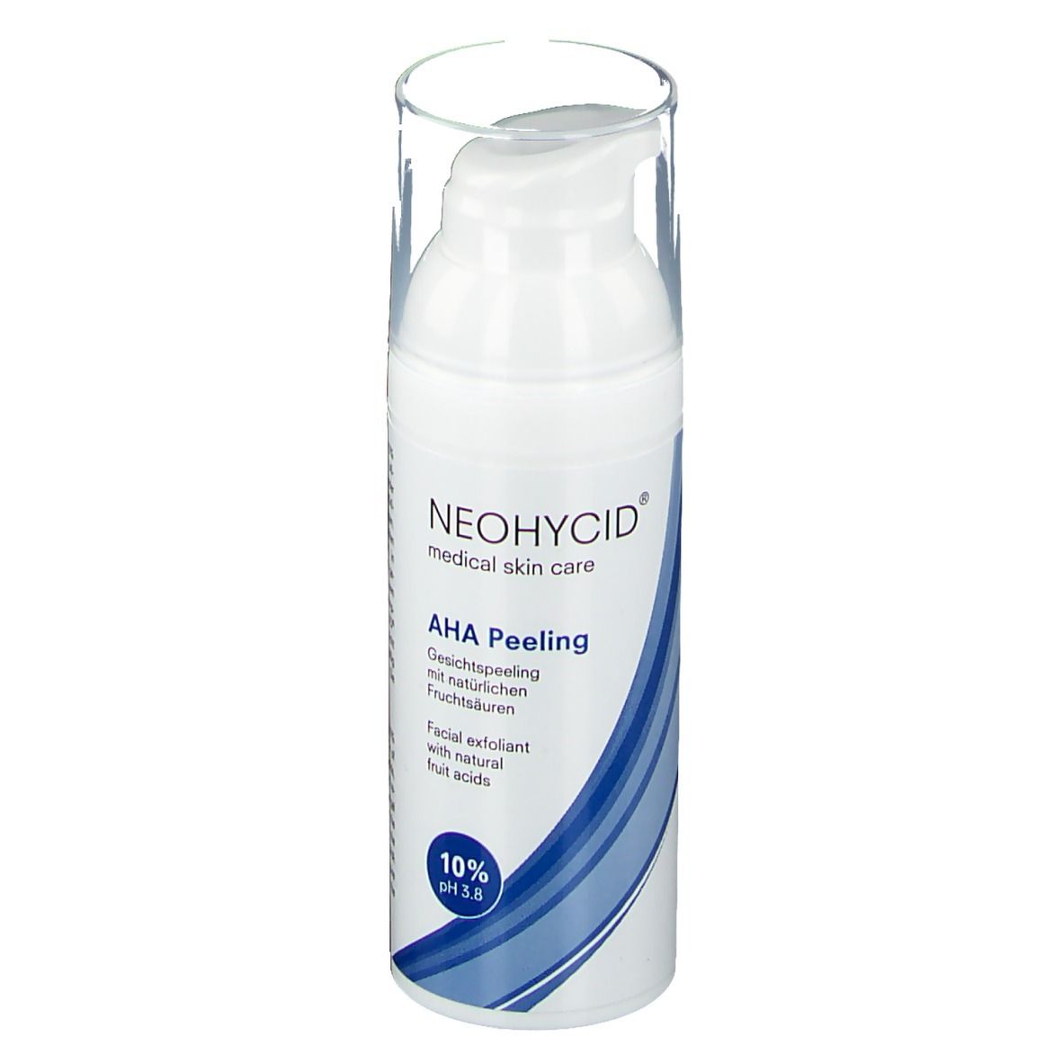 Witte fles met pomp. Opschrift: NEOHYCID, AHA Peeling, 10% pH 3.8. Blauwe golfvorm.