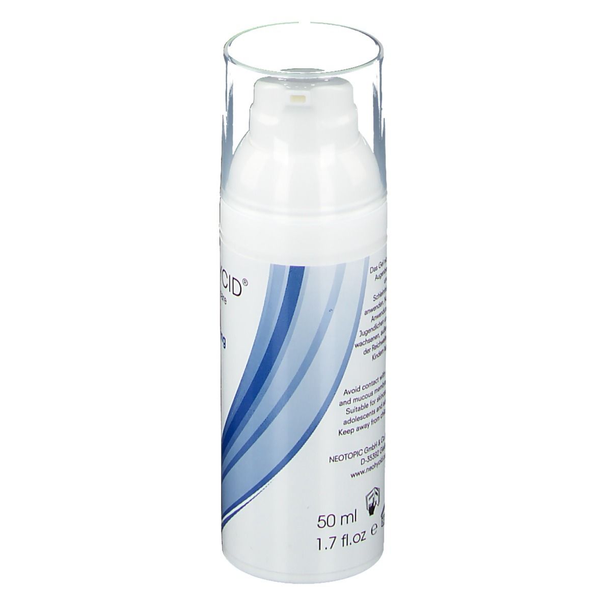 Witte fles met pomp. Opschrift: NEOHYCID, AHA Peeling. Tekst in het Duits. 50 ml, 1.7 fl.oz.