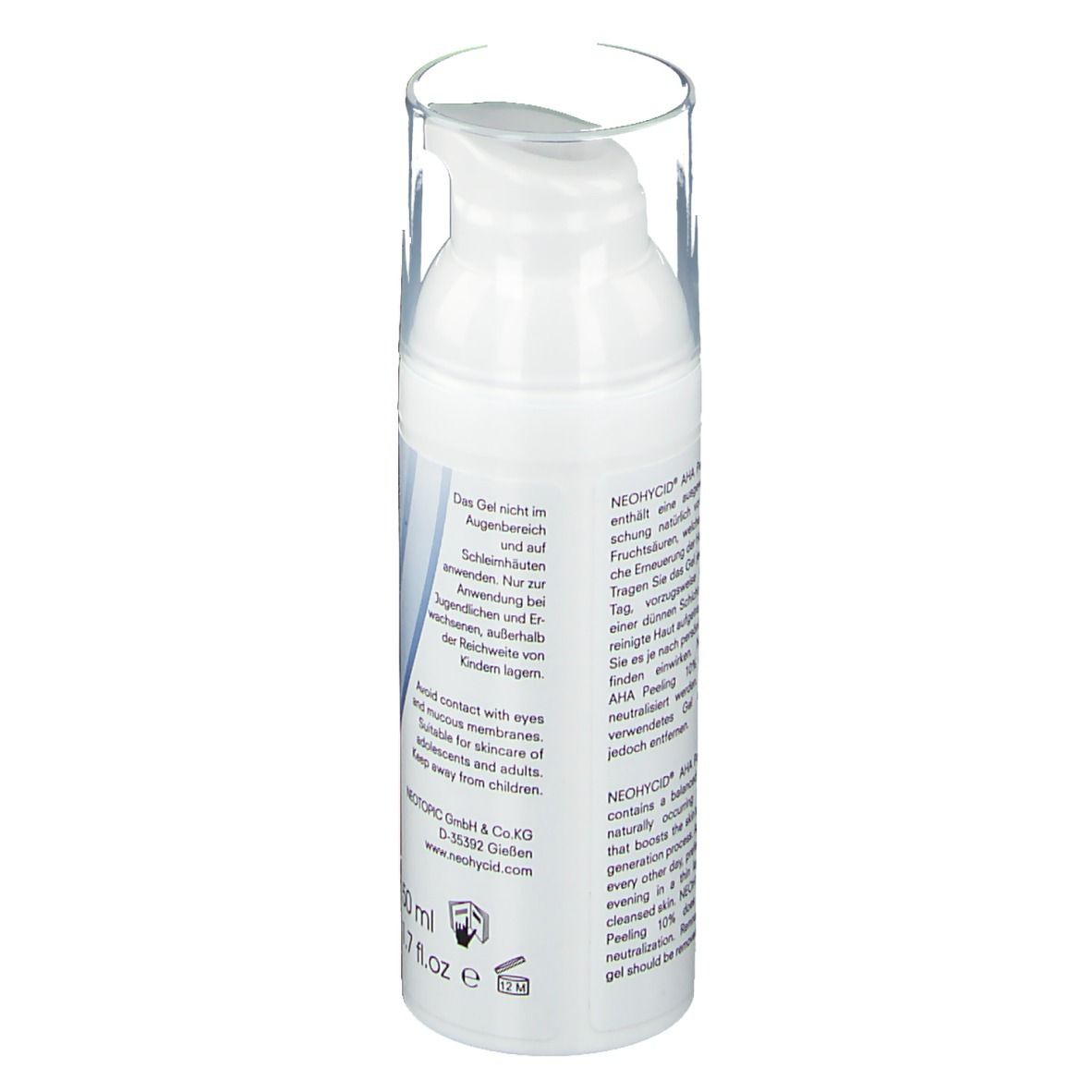 Witte fles met pomp. Tekst in het Duits. Opschrift: NEOHYCID, AHA Peeling. 50 ml, 1.7 fl.oz.
