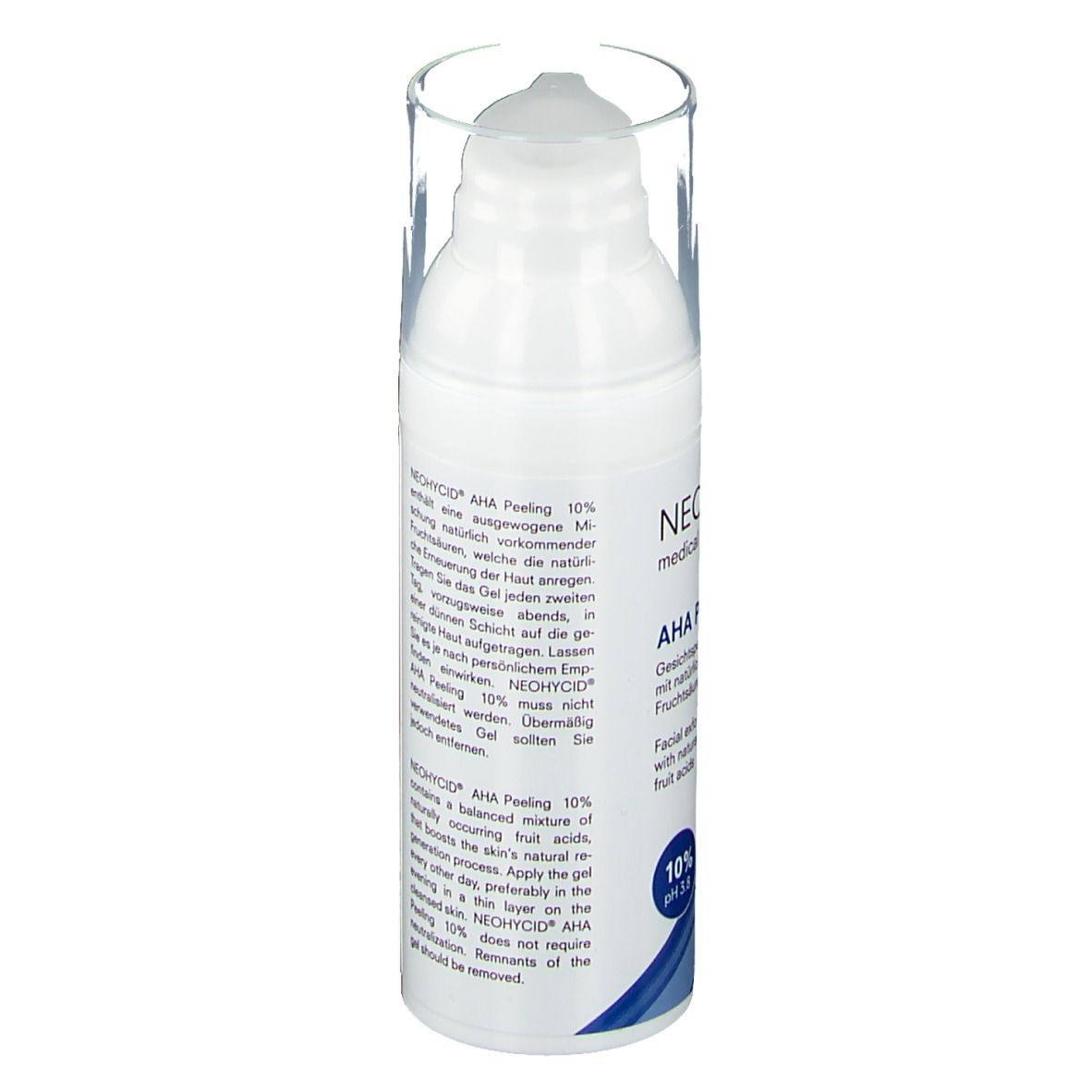 Witte fles met pomp. Opschrift: NEOHYCID, AHA Peeling, 10% pH 3.8. Blauwe golfvorm.