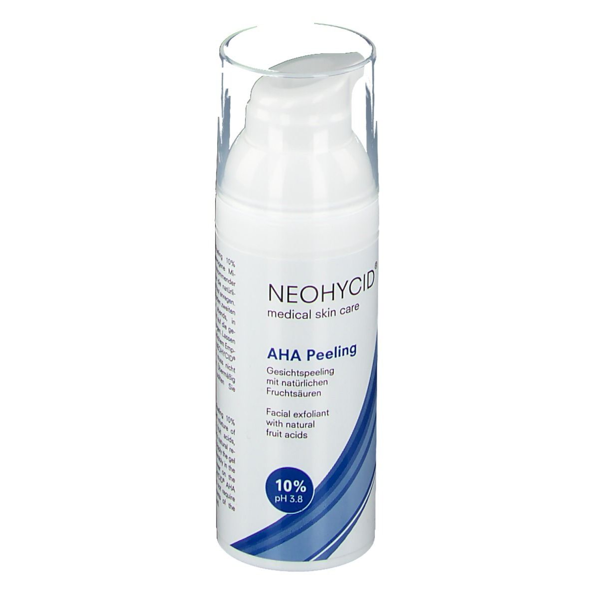 Witte fles met pomp. Opschrift: NEOHYCID, AHA Peeling, 10% pH 3.8. Blauwe golfvorm.