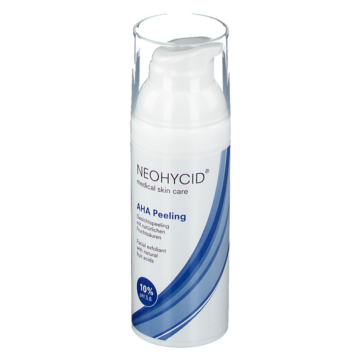 Witte fles met pomp. Opschrift: NEOHYCID, AHA Peeling, 10% pH 3.8. Blauwe golfvorm.