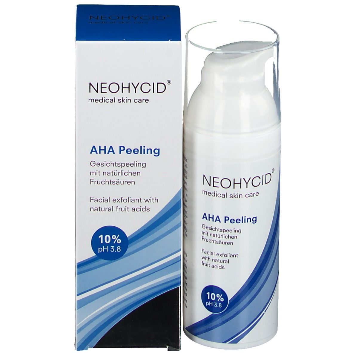 Productfles en verpakking. Opschrift: NEOHYCID, AHA Peeling, 10% pH 3.8. Blauwe golfvorm.