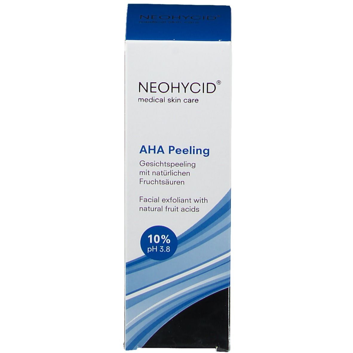 Verpakking. Opschrift: NEOHYCID, AHA Peeling, 10% pH 3.8. Blauwe golfvorm.