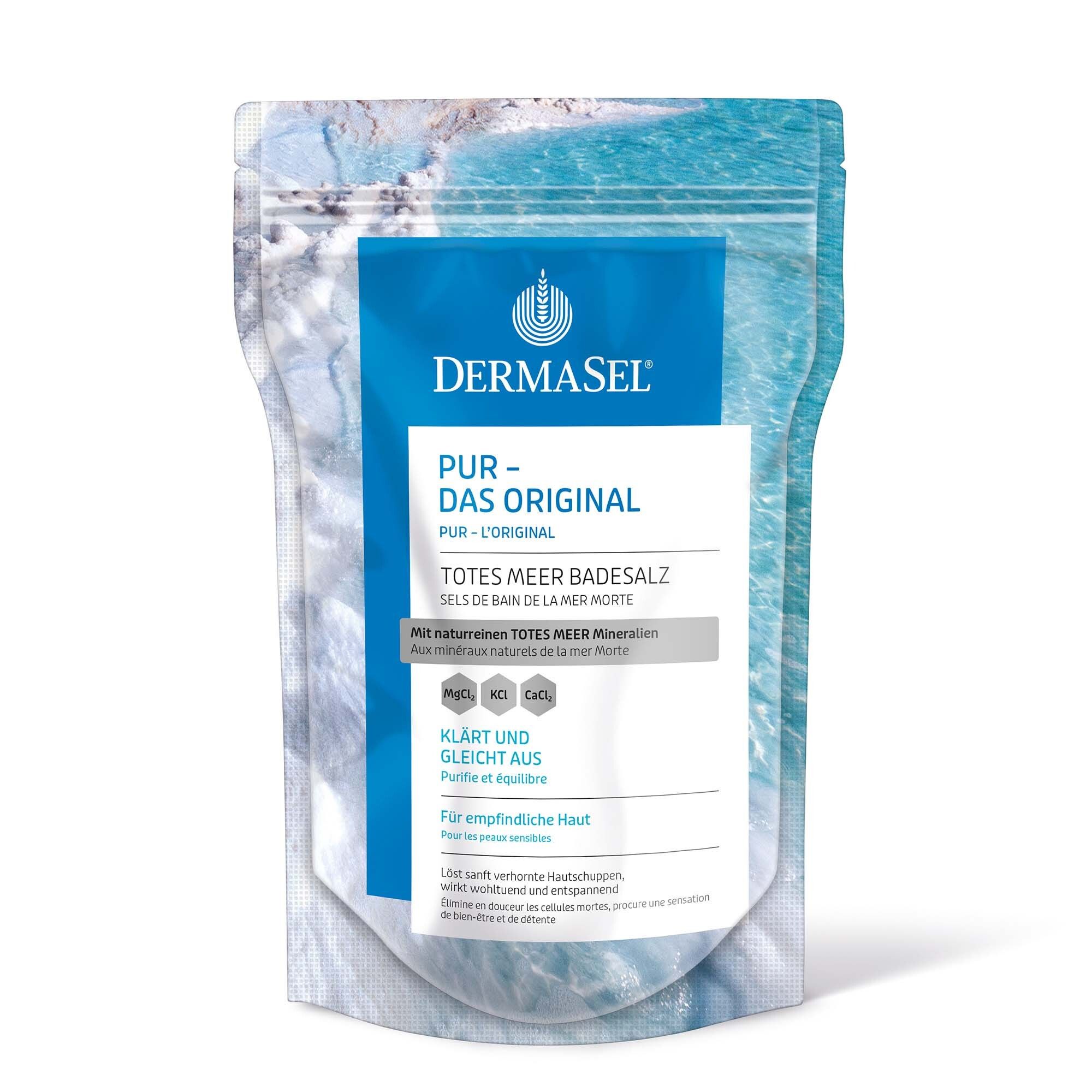 Zakje DermaSel® Bad PUR. Tekst: PUR - DAS ORIGINAL, Dode Zee Badesalz. Bevat mineralen. Voor de gevoelige huid.