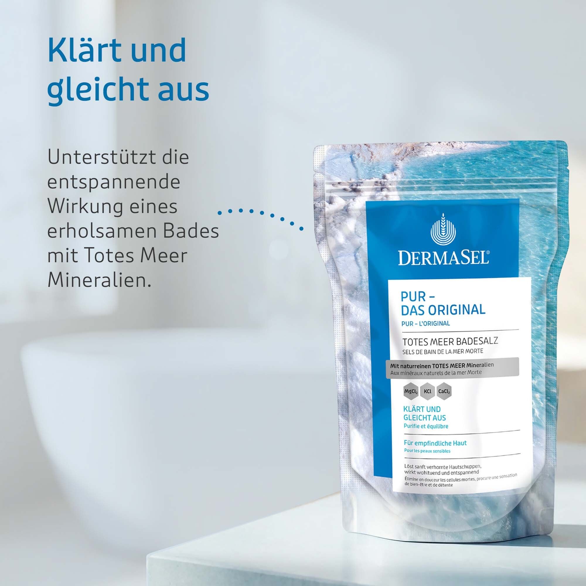 Productverpakking van DermaSel® Bad PUR. Tekst: Verheldert en egaliseert. Ondersteunt ontspannende werking van een bad met Dode Zee mineralen.
