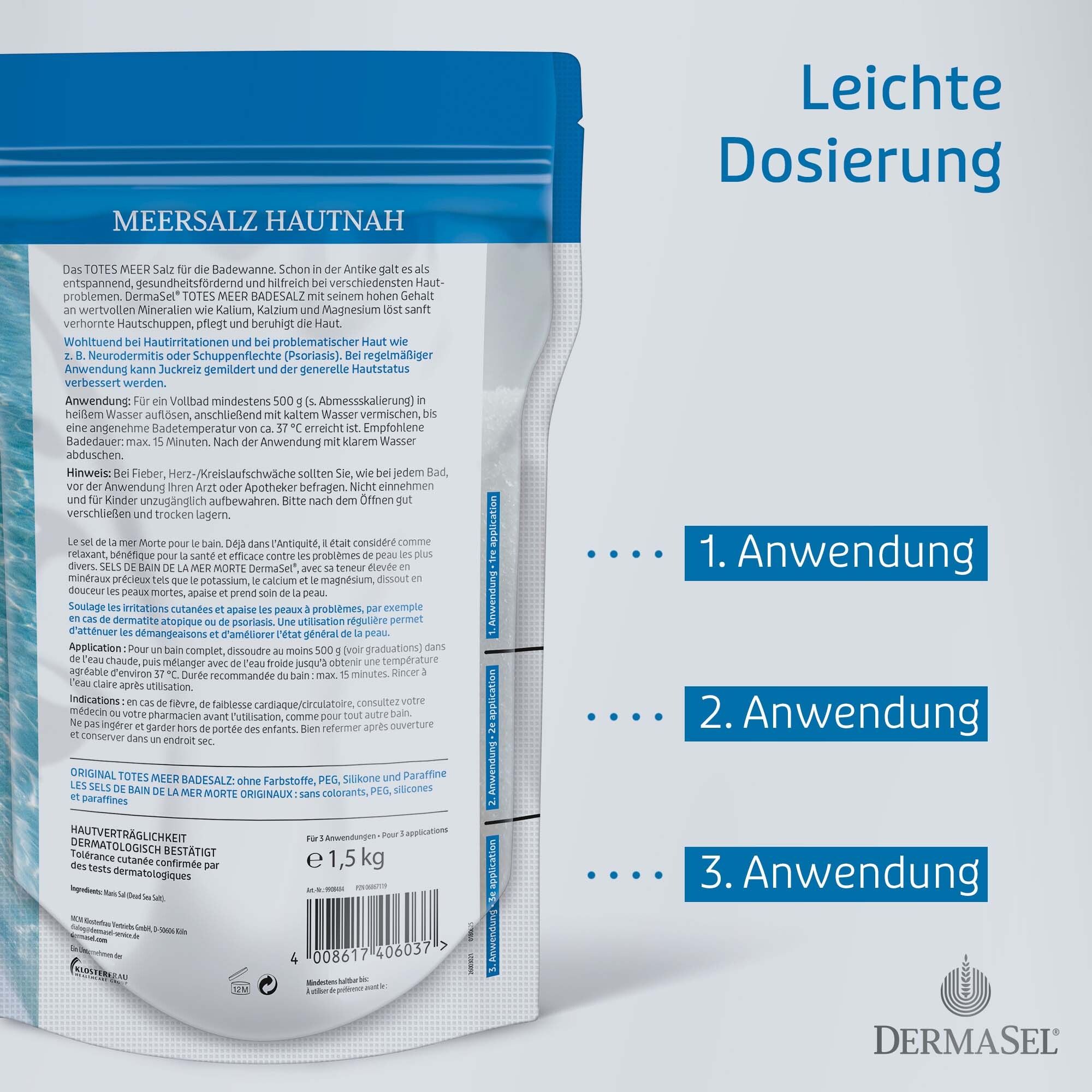 Productverpakking van DermaSel® Bad PUR. Tekst: Zeezout dicht op de huid. Gebruiksaanwijzing. 1,5 kg. Gemakkelijke dosering.