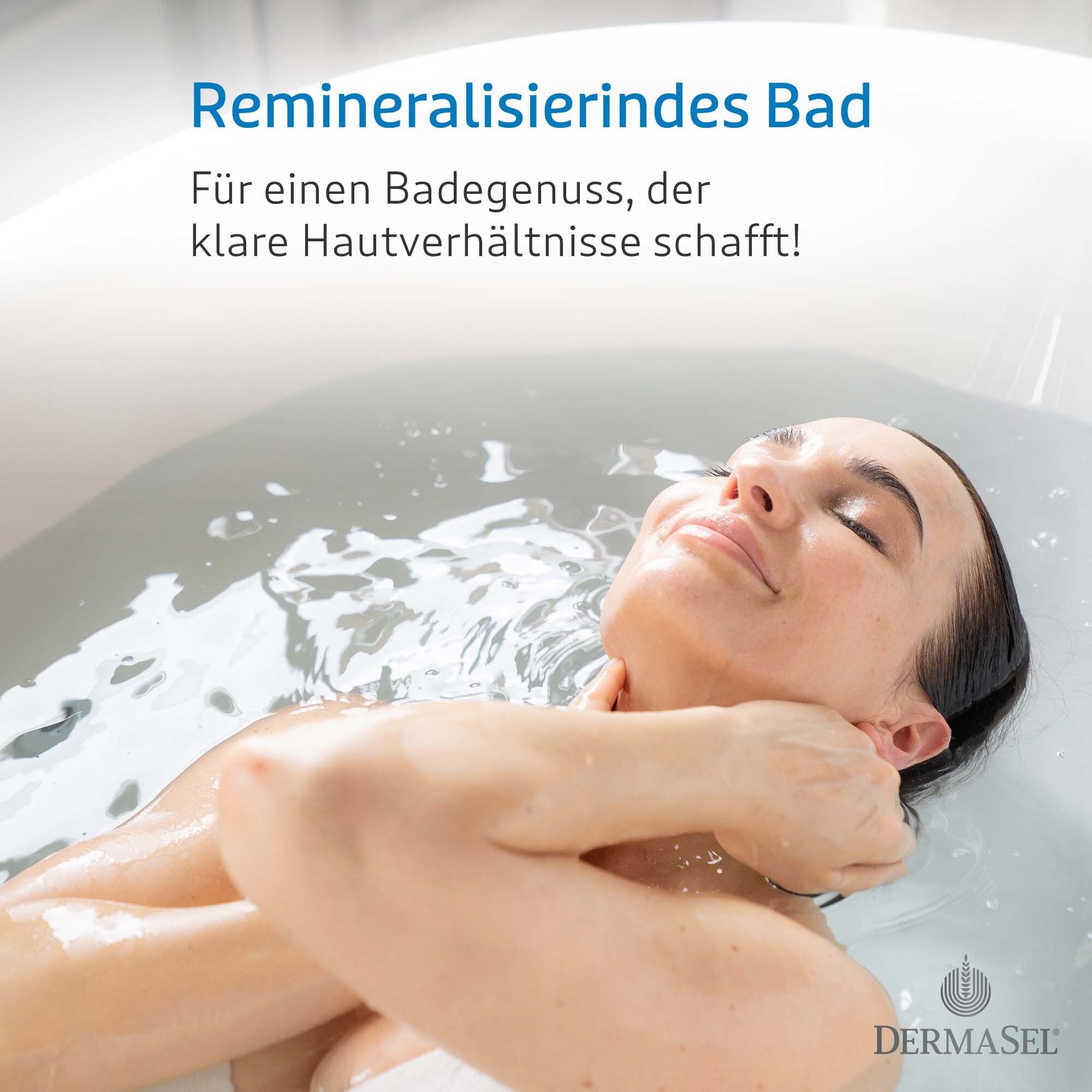 Vrouw in bad. Tekst: Remineraliserend bad. Voor een badplezier dat een heldere huidconditie creëert!
